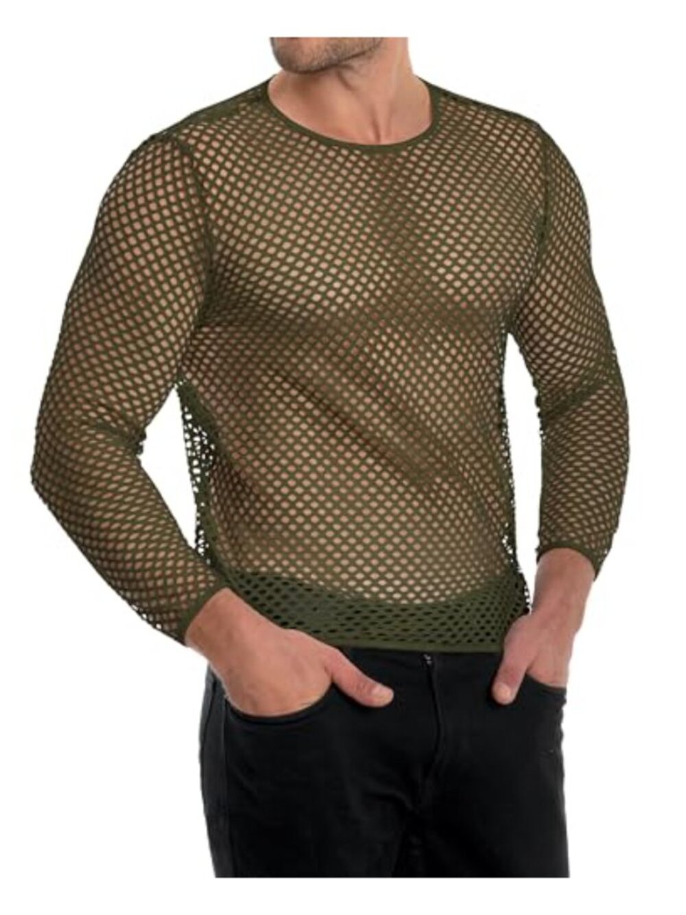 Men's Mesh Fishnet Long Sleeve Bodysuit Sheer Party Gym Shirt